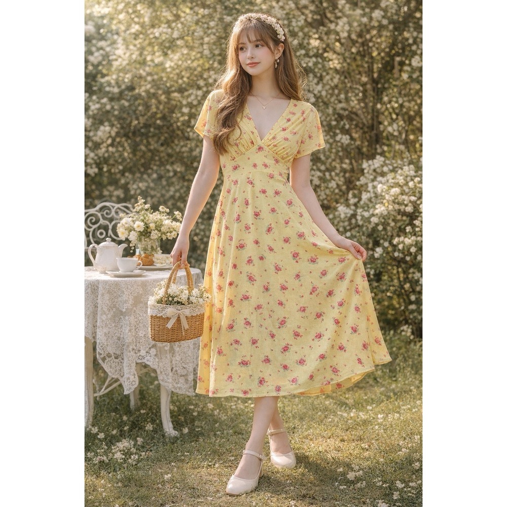 MNG Yellow Floral Dress XS Empire Waist Y2K Cottagecore Midi Soft Girl Milkmaid